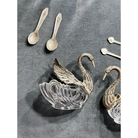 Pair of 3" Large Vtg Germany Silver & Crystal Swan Master Salt Cellars w/Spoons - Picture 2 of 16